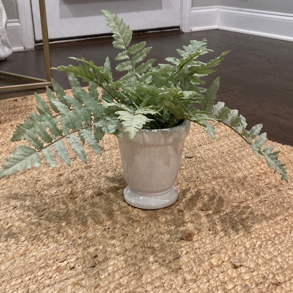 Pottery Barn White Ceramic Planter with Soft Green Faux Fern